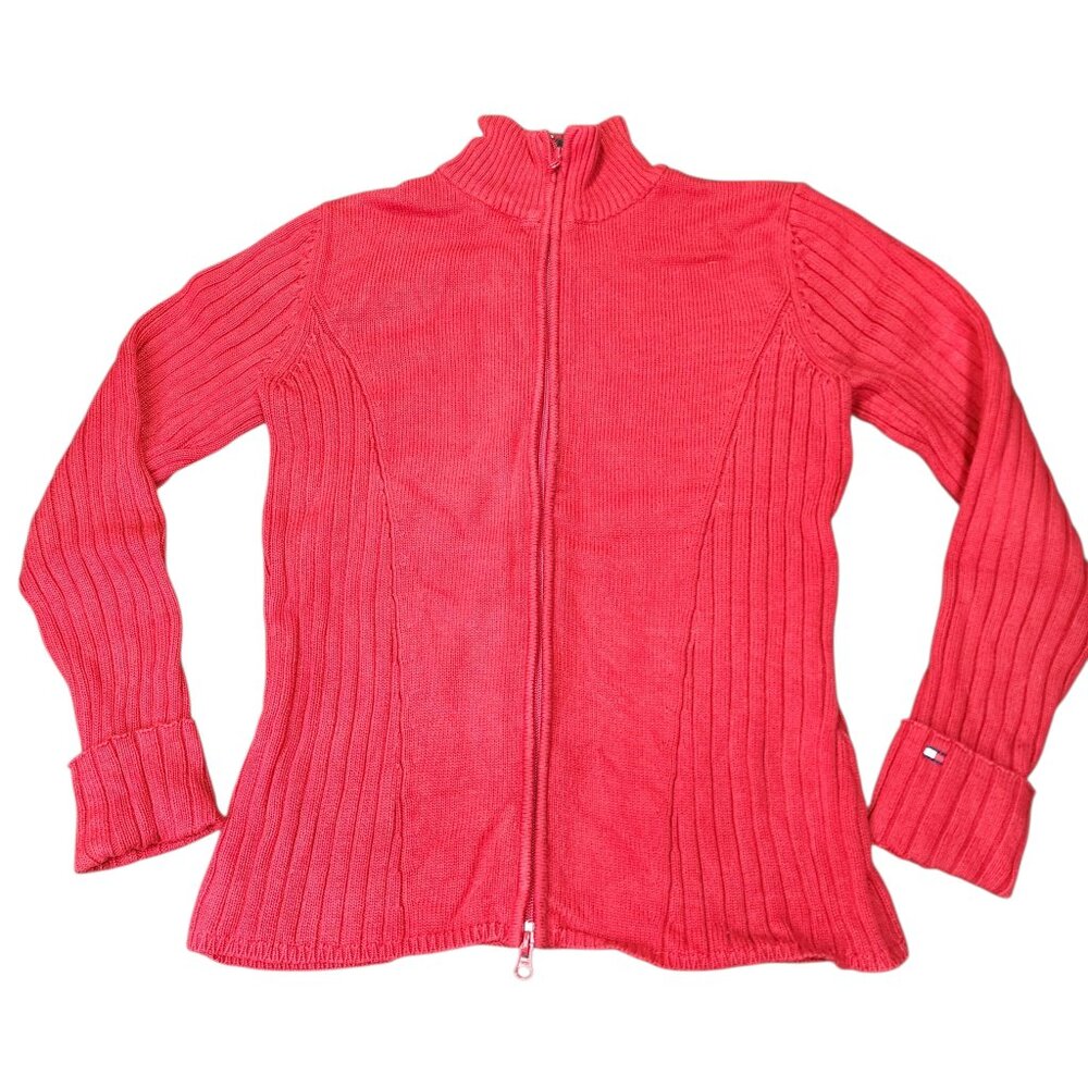 Tommy Hilfiger Knit Cardigan Sweater Size Large Double Zipper Long Sleeve Red